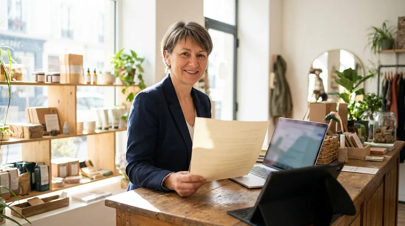 Commerçant présentant son attestation d'assurance au comptoir