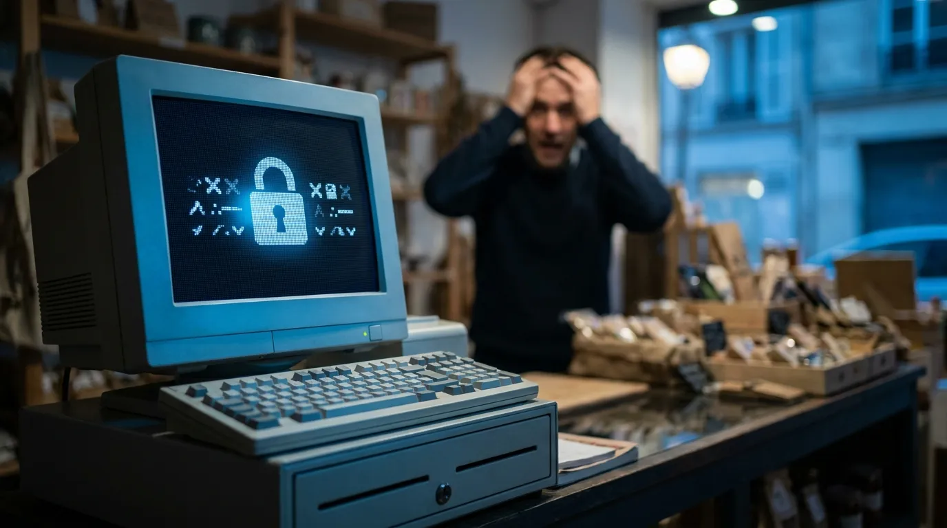 Écran de caisse d'un commerce bloqué par une cyberattaque