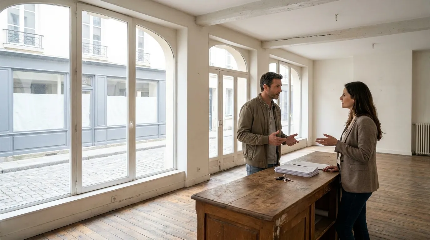 Bailleur et locataire discutant dans un local commercial loué
