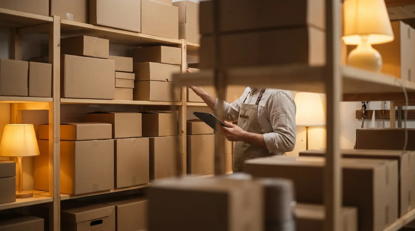 Réserve d'un commerce avec rayonnages de marchandises