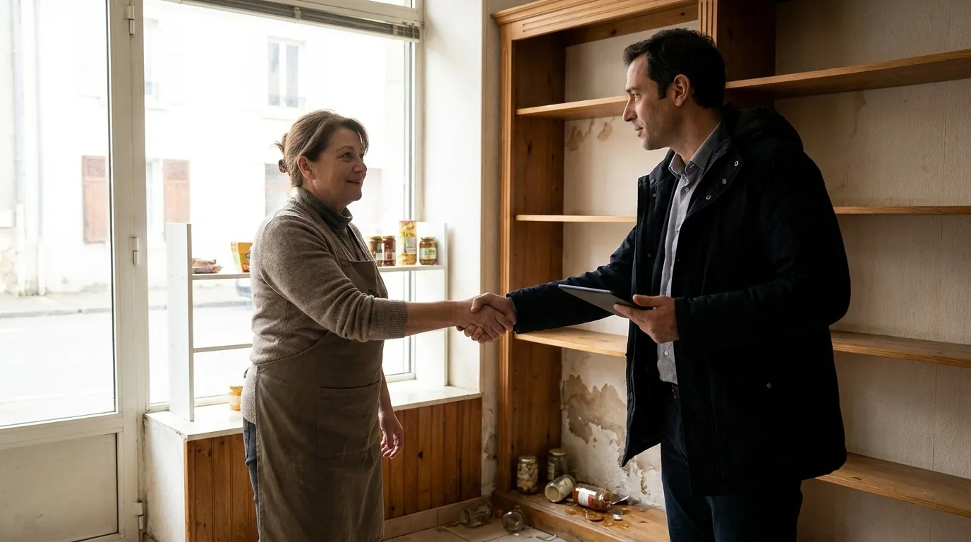 Commerçant accueillant un expert assurance dans son local